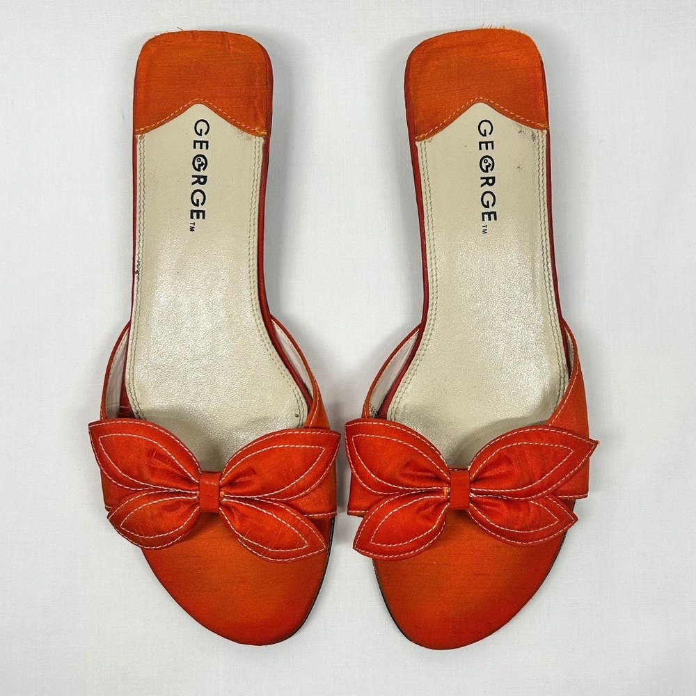 Vintage Y2K George Orange Silk Bow Mule Sandals Low Heel Slip-On Slides Size 8.5